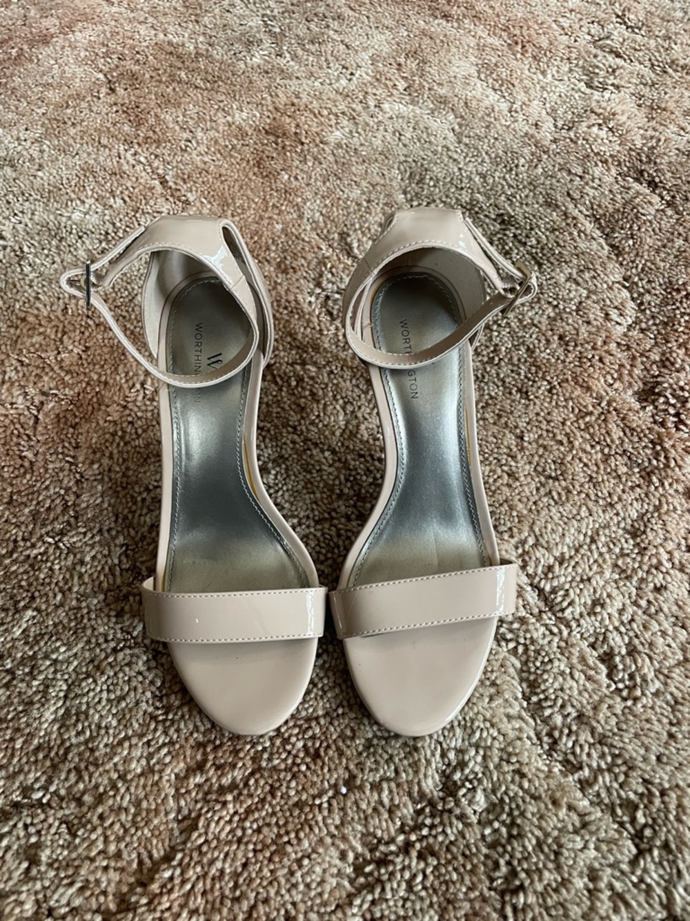 Worthington Beige Patent Ankle-Strap Block Heel Sandals, size 7. True to size.